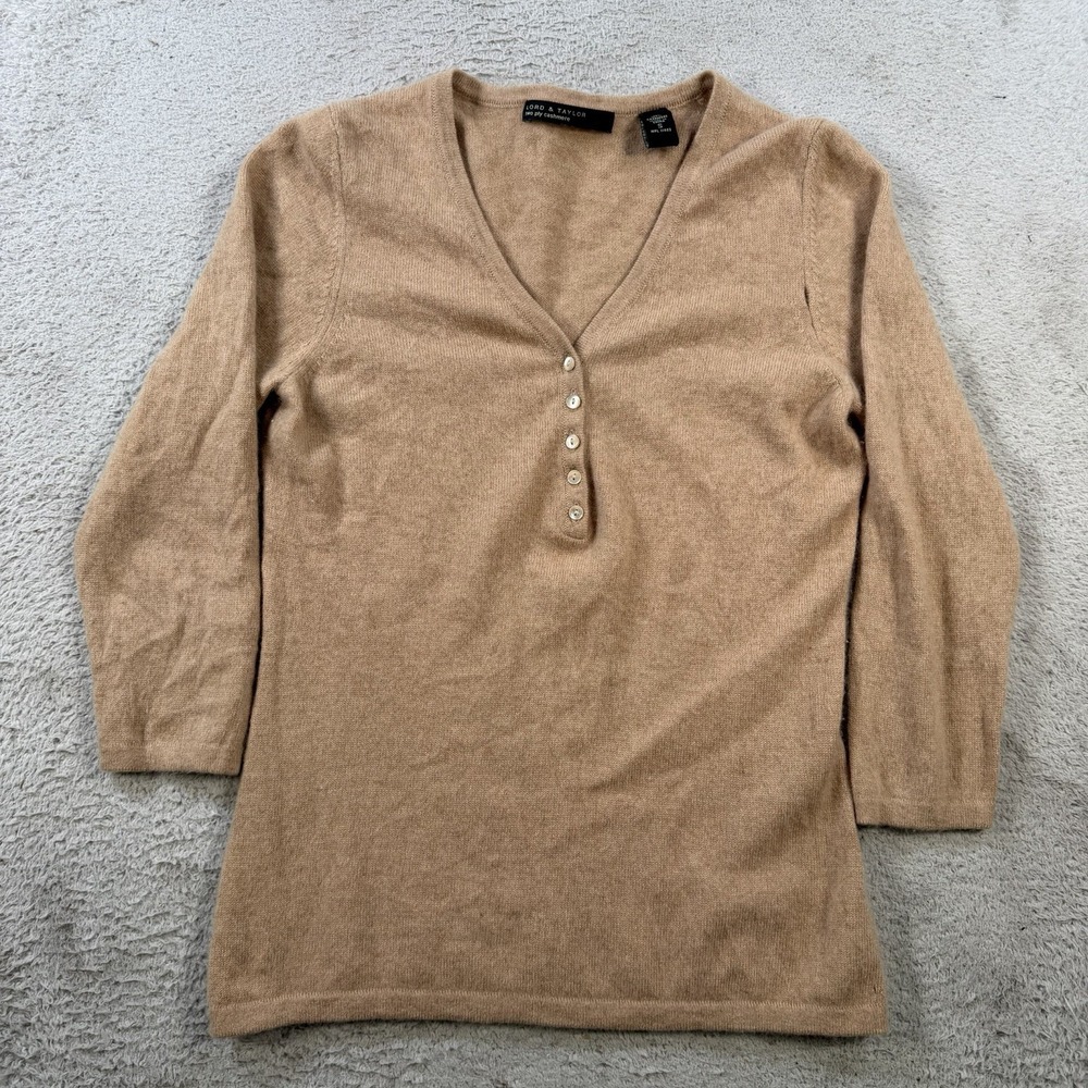 Lord & Taylor Sweater Womens Small (Fits XS) Beige 100% Cashmere Henley V-Neck